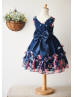 Navy Blue Printed Floral Chiffon Wedding Flower Girl Dress 